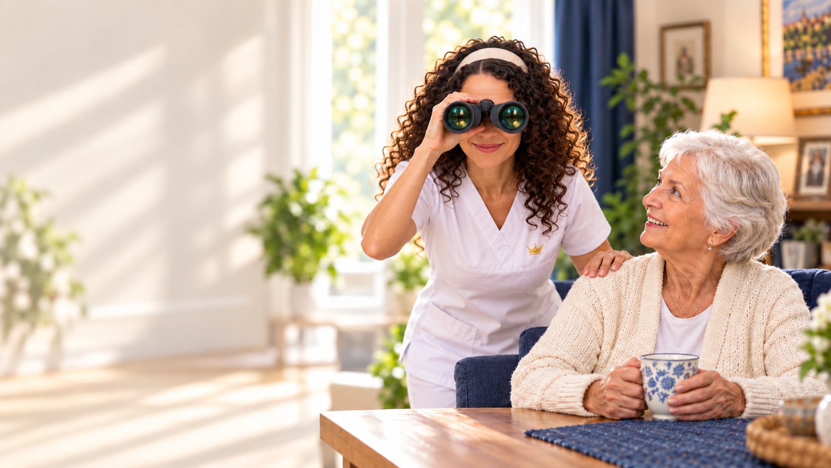 Eine Pflegefachkraft schaut durch ein Fernglas in die Kamera und erinnert eine Seniorin mit einer Berührung an der Schulter