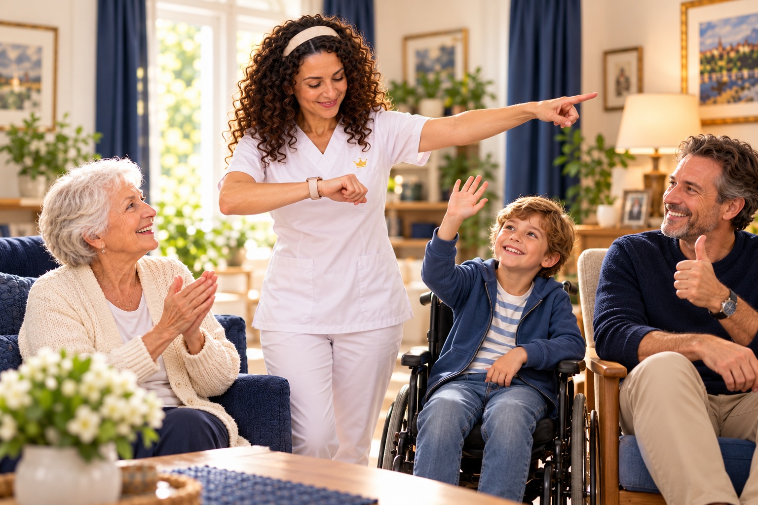 Die Pflegefachkraft schaut auf ihre Uhr und zeigt nach vorn, während eine Seniorin, ein Kind und ein mittelalter Erwachsener freudig reagieren