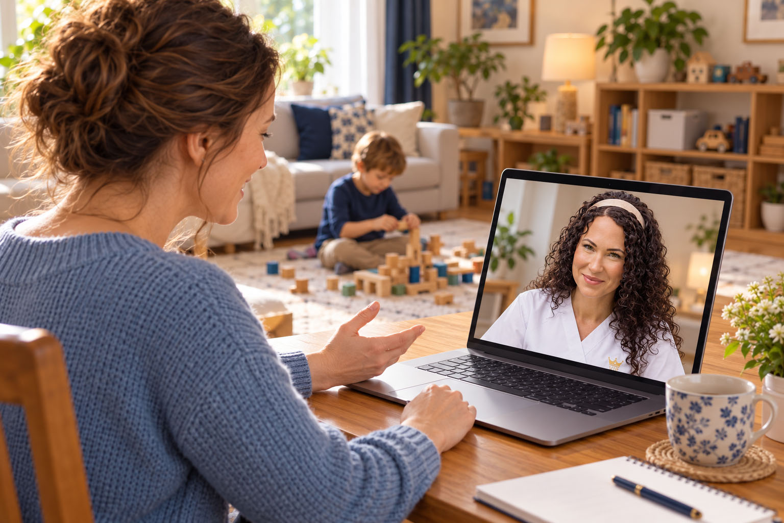 Eine Mutter spricht per Video mit der Pflegeberaterin, während ihr Sohn im vertrauten Zuhause spielt